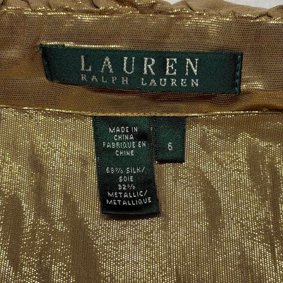 Lauren Ralph Lauren Gold Metallic Ruffle Front Sleeveless Silk Blouse Size 6 - Picture 3 of 8